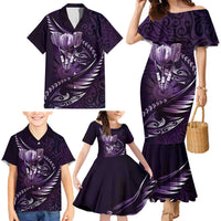 Personalised All Purple New Zealand Darts Family Matching Mermaid Dress and Hawaiian Shirt Aoteroa Fern Maori Galaxy Style