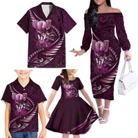 Personalised All Pink New Zealand Darts Family Matching Off The Shoulder Long Sleeve Dress and Hawaiian Shirt Aoteroa Fern Maori Galaxy Style