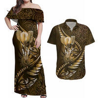 Personalised All Gold New Zealand Darts Couples Matching Off Shoulder Maxi Dress and Hawaiian Shirt Aoteroa Fern Maori Galaxy Style