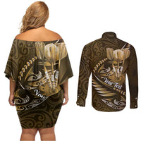 Personalised All Gold New Zealand Darts Couples Matching Off Shoulder Short Dress and Long Sleeve Button Shirt Aoteroa Fern Maori Galaxy Style