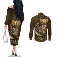 Personalised All Gold New Zealand Darts Couples Matching Off The Shoulder Long Sleeve Dress and Long Sleeve Button Shirt Aoteroa Fern Maori Galaxy Style