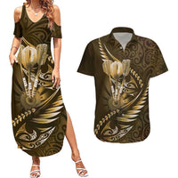Personalised All Gold New Zealand Darts Couples Matching Summer Maxi Dress and Hawaiian Shirt Aoteroa Fern Maori Galaxy Style