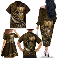 Personalised All Gold New Zealand Darts Family Matching Off The Shoulder Long Sleeve Dress and Hawaiian Shirt Aoteroa Fern Maori Galaxy Style