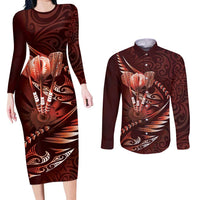 Personalised All Red New Zealand Darts Couples Matching Long Sleeve Bodycon Dress and Long Sleeve Button Shirt Aoteroa Fern Maori Galaxy Style