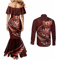 Personalised All Red New Zealand Darts Couples Matching Mermaid Dress and Long Sleeve Button Shirt Aoteroa Fern Maori Galaxy Style