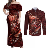 Personalised All Red New Zealand Darts Couples Matching Off Shoulder Maxi Dress and Long Sleeve Button Shirt Aoteroa Fern Maori Galaxy Style