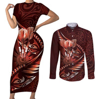 Personalised All Red New Zealand Darts Couples Matching Short Sleeve Bodycon Dress and Long Sleeve Button Shirt Aoteroa Fern Maori Galaxy Style