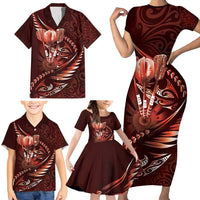 Personalised All Red New Zealand Darts Family Matching Short Sleeve Bodycon Dress and Hawaiian Shirt Aoteroa Fern Maori Galaxy Style