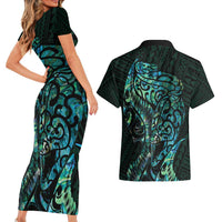 New Zealand Eel Couples Matching Short Sleeve Bodycon Dress and Hawaiian Shirt Tuna Aotearoa Maori With Paua Shell - Turquoise