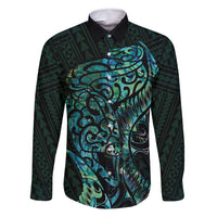 New Zealand Eel Family Matching Long Sleeve Bodycon Dress and Hawaiian Shirt Tuna Aotearoa Maori With Paua Shell - Turquoise