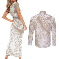 Polynesia Couples Matching Short Sleeve Bodycon Dress and Long Sleeve Button Shirts Polynesian Tropical Flowers Beige Pastel Vibes LT14 - Polynesian Pride