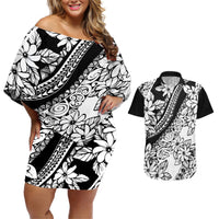 Polynesia Couples Matching Off Shoulder Short Dress and Hawaiian Shirt Polynesian Tropical Flowers Black Pastel Vibes LT14 Black - Polynesian Pride