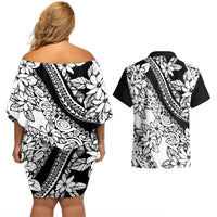 Polynesia Couples Matching Off Shoulder Short Dress and Hawaiian Shirt Polynesian Tropical Flowers Black Pastel Vibes LT14 - Polynesian Pride