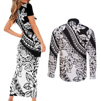 polynesia-couples-matching-short-sleeve-bodycon-dress-and-long-sleeve-button-shirts-polynesian-tropical-flowers-black-pastel-vibes