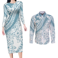 Polynesia Couples Matching Long Sleeve Bodycon Dress and Long Sleeve Button Shirts Polynesian Tropical Flowers Blue Pastel Vibes LT14 Blue - Polynesian Pride