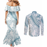 Polynesia Couples Matching Mermaid Dress and Long Sleeve Button Shirts Polynesian Tropical Flowers Blue Pastel Vibes LT14 - Polynesian Pride