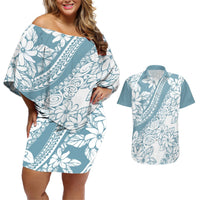 Polynesia Couples Matching Off Shoulder Short Dress and Hawaiian Shirt Polynesian Tropical Flowers Blue Pastel Vibes LT14 Blue - Polynesian Pride