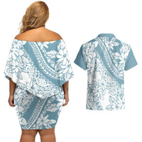 Polynesia Couples Matching Off Shoulder Short Dress and Hawaiian Shirt Polynesian Tropical Flowers Blue Pastel Vibes LT14 - Polynesian Pride