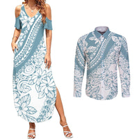 Polynesia Couples Matching Summer Maxi Dress and Long Sleeve Button Shirts Polynesian Tropical Flowers Blue Pastel Vibes LT14 Blue - Polynesian Pride