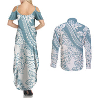 Polynesia Couples Matching Summer Maxi Dress and Long Sleeve Button Shirts Polynesian Tropical Flowers Blue Pastel Vibes LT14 - Polynesian Pride