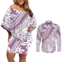 Polynesia Couples Matching Off Shoulder Short Dress and Long Sleeve Button Shirts Polynesian Tropical Flowers Purple Pastel Vibes LT14 Purple - Polynesian Pride