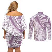 Polynesia Couples Matching Off Shoulder Short Dress and Long Sleeve Button Shirts Polynesian Tropical Flowers Purple Pastel Vibes LT14 - Polynesian Pride
