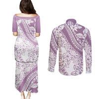 Polynesia Couples Matching Puletasi Dress and Long Sleeve Button Shirts Polynesian Tropical Flowers Purple Pastel Vibes LT14 - Polynesian Pride