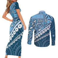 Blue Bula Fiji Couples Matching Short Sleeve Bodycon Dress and Long Sleeve Button Shirt Fijian Language Week Tapa Cloth - Pastel