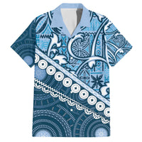 Blue Bula Fiji Family Matching Off The Shoulder Long Sleeve Dress and Hawaiian Shirt Fijian Language Week Tapa Cloth - Pastel