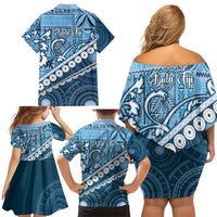 Blue Bula Fiji Family Matching Off Shoulder Short Dress and Hawaiian Shirt Fijian Language Week Tapa Cloth - Pastel