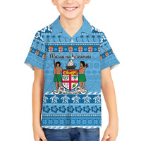 Custom Fiji Christmas Family Matching Long Sleeve Bodycon Dress and Hawaiian Shirt Fijian Tapa Marau na Kerisimasi LT14 Son's Shirt Blue - Polynesian Pride