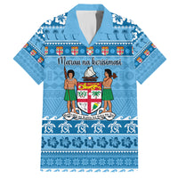 Custom Fiji Christmas Family Matching Off Shoulder Long Sleeve Dress and Hawaiian Shirt Fijian Tapa Marau na Kerisimasi LT14 Dad's Shirt - Short Sleeve Blue - Polynesian Pride