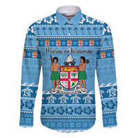 Custom Fiji Christmas Family Matching Off Shoulder Maxi Dress and Hawaiian Shirt Fijian Tapa Marau na Kerisimasi LT14 Dad's Shirt - Long Sleeve Blue - Polynesian Pride