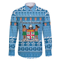 Custom Fiji Christmas Family Matching Short Sleeve Bodycon Dress and Hawaiian Shirt Fijian Tapa Marau na Kerisimasi LT14 Dad's Shirt - Long Sleeve Blue - Polynesian Pride