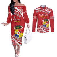 Custom Mate Maa Tonga Couples Matching Off The Shoulder Long Sleeve Dress and Long Sleeve Button Shirt 2024 Go Champions LT14 Red - Polynesian Pride