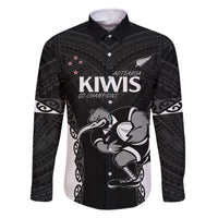 Aotearoa Rugby Custom Family Matching Off The Shoulder Long Sleeve Dress and Hawaiian Shirt Maori Kiwi - Mascot Style