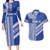 Fetu Samoa Rugby Custom Couples Matching Long Sleeve Bodycon Dress and Hawaiian Shirt Siapo Pattern - Sporty Style LT14 Blue - Polynesian Pride