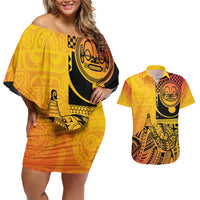 Marquesas Islands Couples Matching Off Shoulder Short Dress and Hawaiian Shirt Marquesan Matatiki Fish Hook Patutiki LT14 Yellow - Polynesian Pride