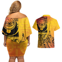 Marquesas Islands Couples Matching Off Shoulder Short Dress and Hawaiian Shirt Marquesan Matatiki Fish Hook Patutiki LT14 - Polynesian Pride
