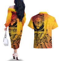 Marquesas Islands Couples Matching Off The Shoulder Long Sleeve Dress and Hawaiian Shirt Marquesan Matatiki Fish Hook Patutiki - Polynesian Pride
