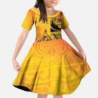 Marquesas Islands Family Matching Long Sleeve Bodycon Dress and Hawaiian Shirt Marquesan Matatiki Fish Hook Patutiki LT14 Daughter's Dress Yellow - Polynesian Pride