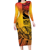 Marquesas Islands Family Matching Long Sleeve Bodycon Dress and Hawaiian Shirt Marquesan Matatiki Fish Hook Patutiki LT14 Mom's Dress Yellow - Polynesian Pride