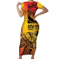 Marquesas Islands Short Sleeve Bodycon Dress Marquesan Matatiki Fish Hook Patutiki LT14 Long Dress Yellow - Polynesian Pride