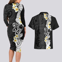 Black Samoa Tattoo Couples Matching Long Sleeve Bodycon Dress and Hawaiian Shirt Plumeria Samoan Ocean Tatau Pattern - Polynesian Pride