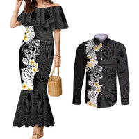 Black Samoa Tattoo Couples Matching Mermaid Dress and Long Sleeve Button Shirt Plumeria Samoan Ocean Tatau Pattern - Polynesian Pride