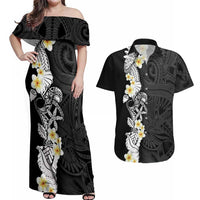 Black Samoa Tattoo Couples Matching Off Shoulder Maxi Dress and Hawaiian Shirt Plumeria Samoan Ocean Tatau Pattern - Polynesian Pride