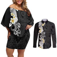 Black Samoa Tattoo Couples Matching Off Shoulder Short Dress and Long Sleeve Button Shirt Plumeria Samoan Ocean Tatau Pattern - Polynesian Pride