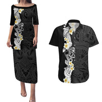 Black Samoa Tattoo Couples Matching Puletasi and Hawaiian Shirt Plumeria Samoan Ocean Tatau Pattern - Polynesian Pride