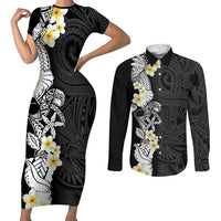 Black Samoa Tattoo Couples Matching Short Sleeve Bodycon Dress and Long Sleeve Button Shirt Plumeria Samoan Ocean Tatau Pattern - Polynesian Pride