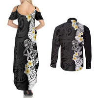 Black Samoa Tattoo Couples Matching Summer Maxi Dress and Long Sleeve Button Shirt Plumeria Samoan Ocean Tatau Pattern - Polynesian Pride